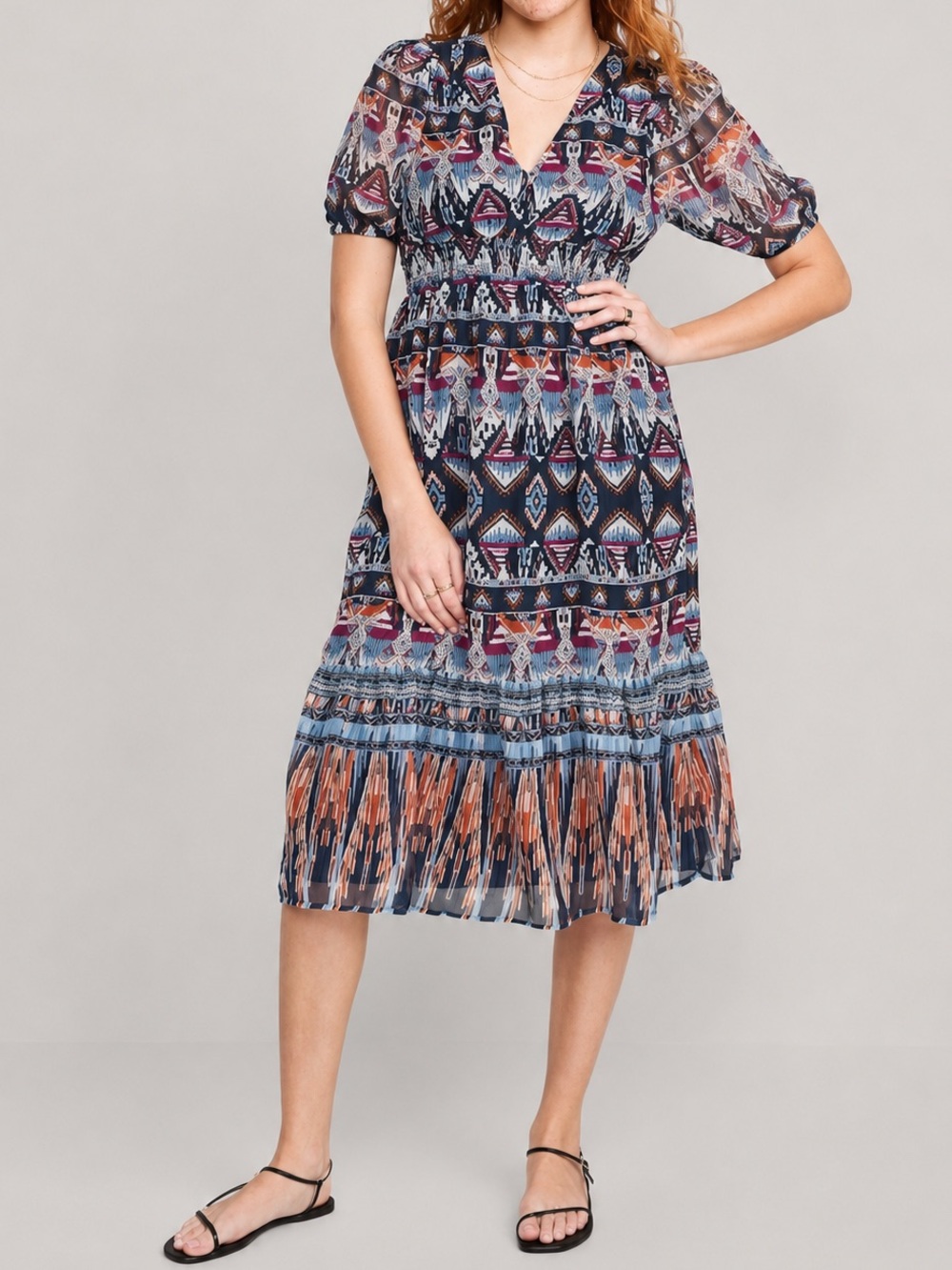 Old Navy Waist-Defined V-Neck Midi Dress in Navy Print